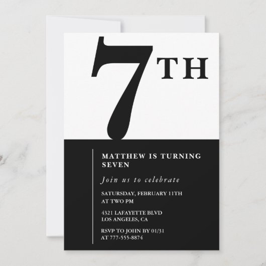 Eleganter 7. Geburtstag Einladung Black Chic Moder (Vorderseite)