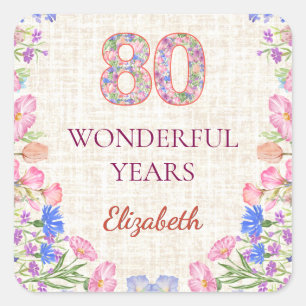 Eleganter 80. Geburtstag für sie - rosa Blumen Quadratischer Aufkleber