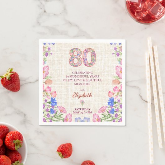 Eleganter 80. Geburtstag für sie - Rosa Blumen  Serviette (Beispiel)