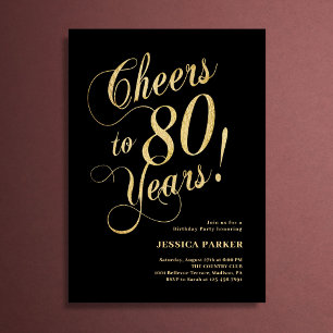 Eleganter 80. Geburtstag in Gold und Schwarz Einladung