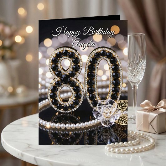 Eleganter 80. Geburtstag mit schwarzen Goldperlen  Karte