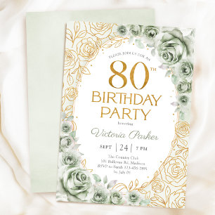 Eleganter 80. Geburtstag Sage Grün Gold Blumen Einladung