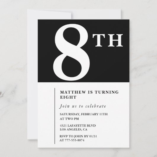 Eleganter 8. Geburtstag Einladung Black Chic Boy (Vorderseite)