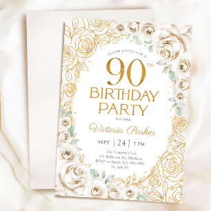 Eleganter 90. Geburtstag Creme Gold Floral Einladung