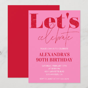 Eleganter 90. Geburtstag Einladung Pink Glitzer Gl