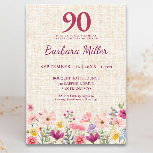 Eleganter 90. Geburtstag für sie - Leinen Floral Einladung