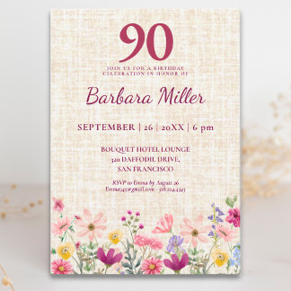 Eleganter 90. Geburtstag für sie - Leinen Floral Einladung