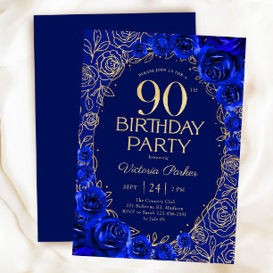 Eleganter 90. Geburtstag Royalblau Gold Blumen Einladung