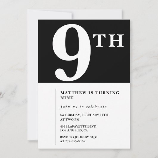 Eleganter 9. Geburtstag Einladung Black Chic Boy (Vorderseite)