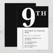 Eleganter 9. Geburtstag Einladung Black Chic Boy (Vorne/Hinten)
