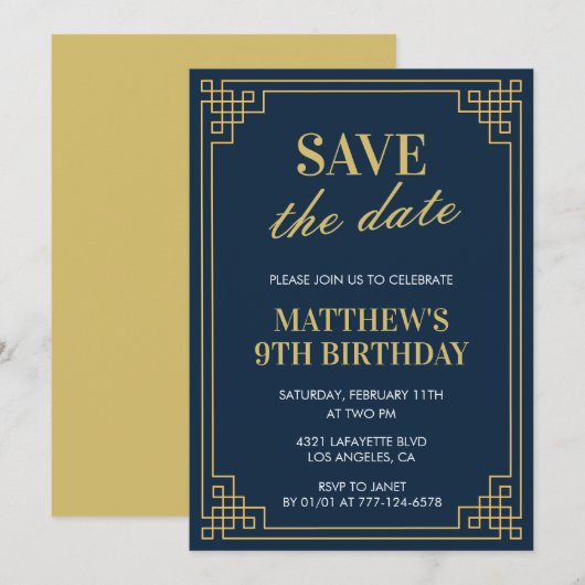 Eleganter 9. Geburtstag Einladungen Männer Save th (Vorne/Hinten)