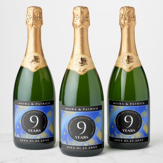 Eleganter 9. Lapis Lazuli Hochzeitstag Schaumweinetikett (Flaschen)