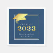 Eleganter Abschluss 2023 Blue Gold Metallic Script Serviette (Vorderseite)