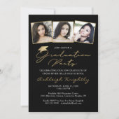 Eleganter Abschluss 3 Fotos Schwarzes Gold-Script- Einladung (Vorderseite)