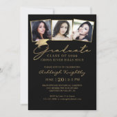 Eleganter Abschluss 3 Fotos Script Cap Black Gold Einladung (Vorderseite)