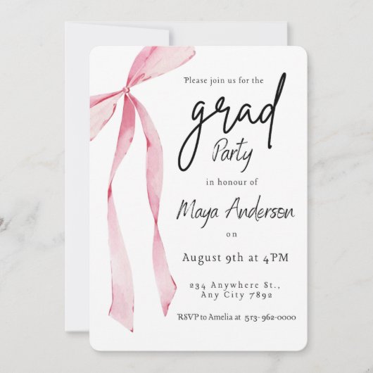 Eleganter Abschluss Einladung mit rosa Bow (Vorderseite)