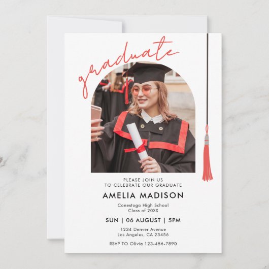 Eleganter Abschluss für Red Script Foto Einladung (Vorderseite)