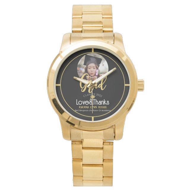 Eleganter Abschluss Gold Cap Danke Script Foto Armbanduhr (Vorderseite)
