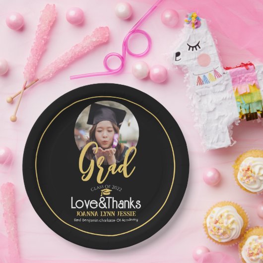 Eleganter Abschluss Gold Cap Danke Script Foto Pappteller (Party)