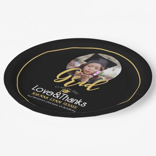 Eleganter Abschluss Gold Cap Danke Script Foto Pappteller (Schrägansicht)