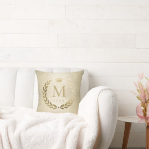 Eleganter Abschluss Gold Laurel Wreath Monogram Kissen