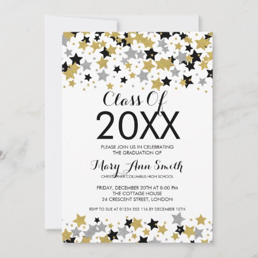 Eleganter Abschluss Gold Silver Glitzer Sterne Einladung (Vorderseite)