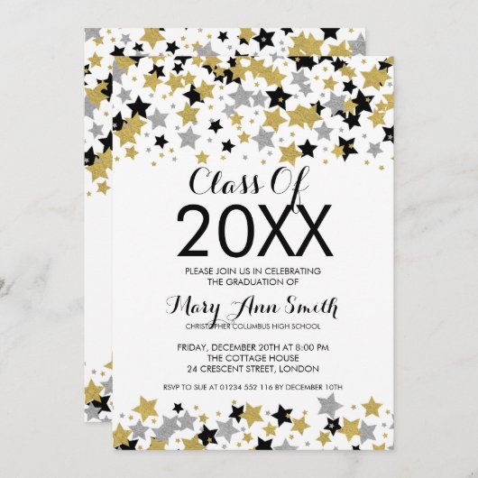 Eleganter Abschluss Gold Silver Glitzer Sterne Einladung (Vorne/Hinten)