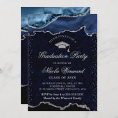 Eleganter Abschluss in Blau und Silbermarmor Einladung (Vorne/Hinten)