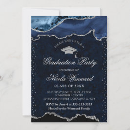 Eleganter Abschluss in Blau und Silbermarmor Einladung