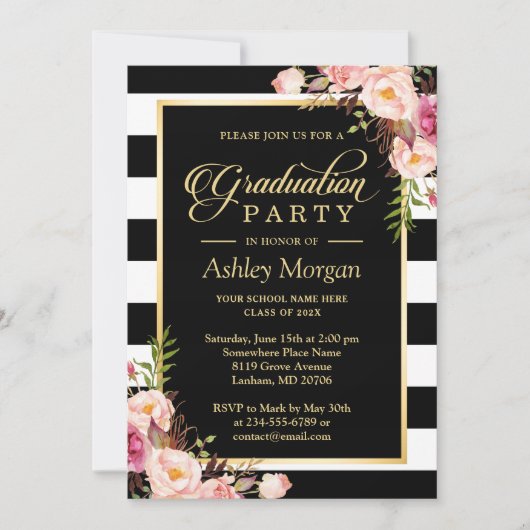 Eleganter Abschluss mit Schwarz-weißen Streifen Einladung (Vorderseite)