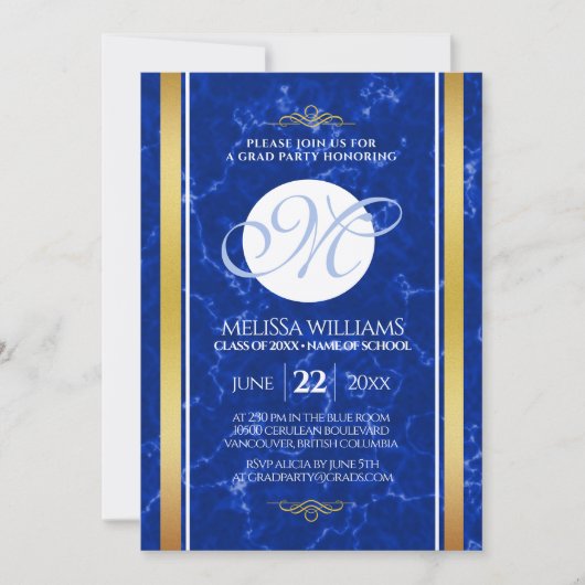 Eleganter Abschluss Monogram Blue Marble Gold Foil Einladung (Vorderseite)