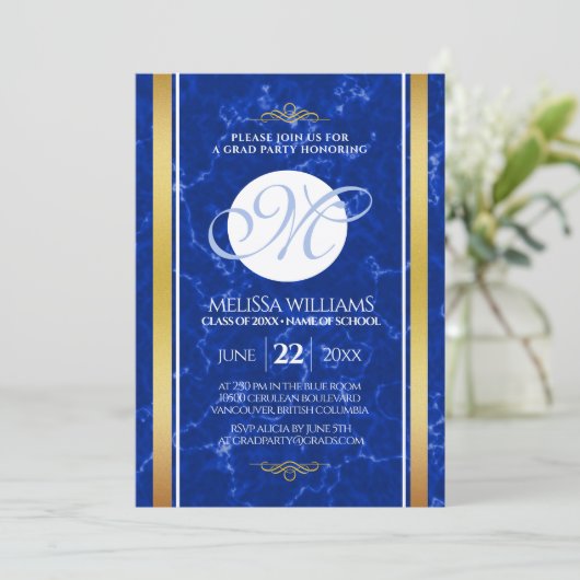 Eleganter Abschluss Monogram Blue Marble Gold Foil Einladung (Stehend Vorderseite)