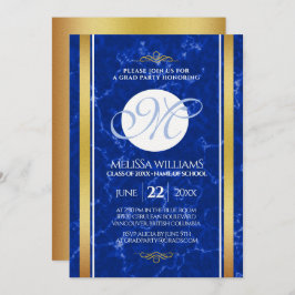 Eleganter Abschluss Monogram Blue Marble Gold Foil Einladung