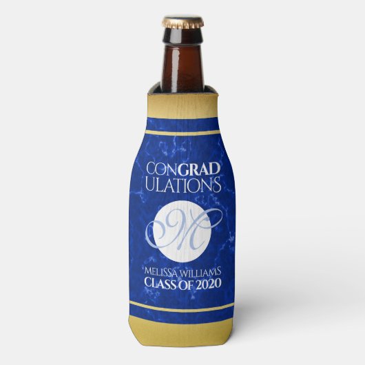 Eleganter Abschluss Monogram Blue Marble Gold Foil Flaschenkühler (Flaschenvorderseite)