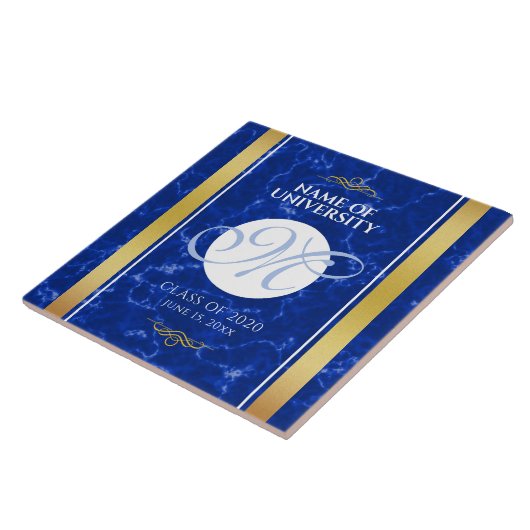 Eleganter Abschluss Monogram Blue Marble Gold Foil Fliese (Seite)