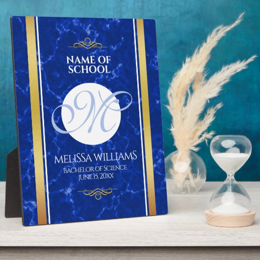 Eleganter Abschluss Monogram Blue Marble Gold Foil Fotoplatte (Seite)