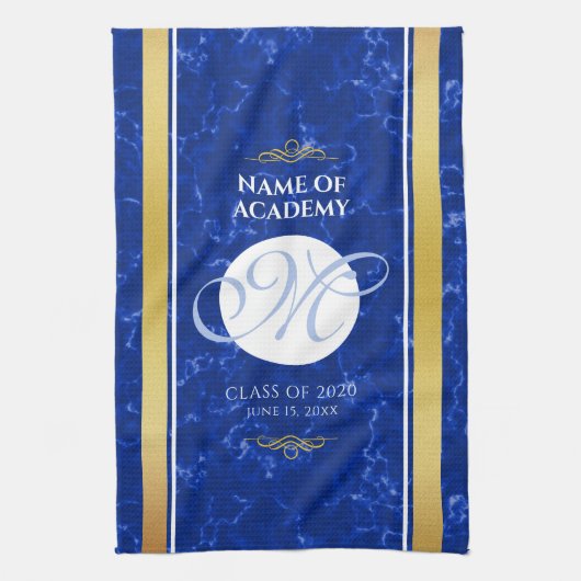 Eleganter Abschluss Monogram Blue Marble Gold Foil Geschirrtuch (Vertikal)