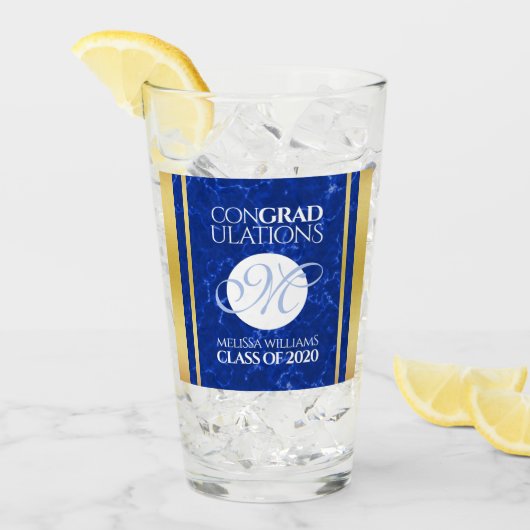 Eleganter Abschluss Monogram Blue Marble Gold Foil Glas (Vorderseite Ice)