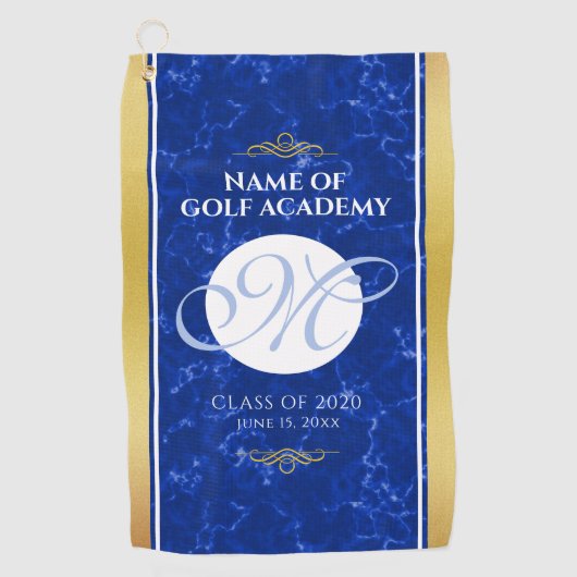 Eleganter Abschluss Monogram Blue Marble Gold Foil Golfhandtuch (Vorderseite)
