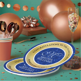 Eleganter Abschluss Monogram Blue Marble Gold Foil Pappteller