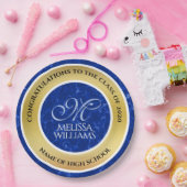 Eleganter Abschluss Monogram Blue Marble Gold Foil Pappteller (Party)