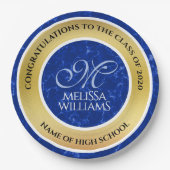 Eleganter Abschluss Monogram Blue Marble Gold Foil Pappteller (Vorderseite)