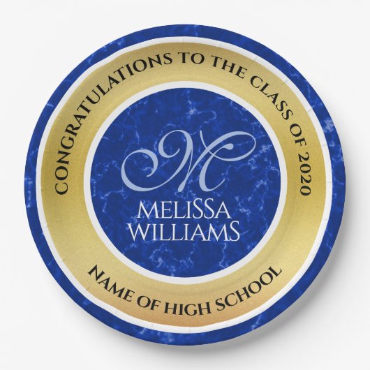 Eleganter Abschluss Monogram Blue Marble Gold Foil Pappteller (Vorderseite)