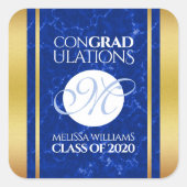 Eleganter Abschluss Monogram Blue Marble Gold Foil Quadratischer Aufkleber (Vorderseite)