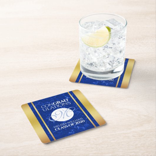 Eleganter Abschluss Monogram Blue Marble Gold Foil Rechteckiger Pappuntersetzer (Vor Ort)