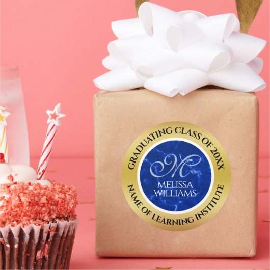 Eleganter Abschluss Monogram Blue Marble Gold Foil Runder Aufkleber (Party)