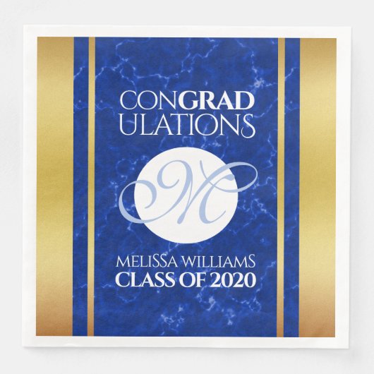 Eleganter Abschluss Monogram Blue Marble Gold Foil Serviette (Vorderseite)