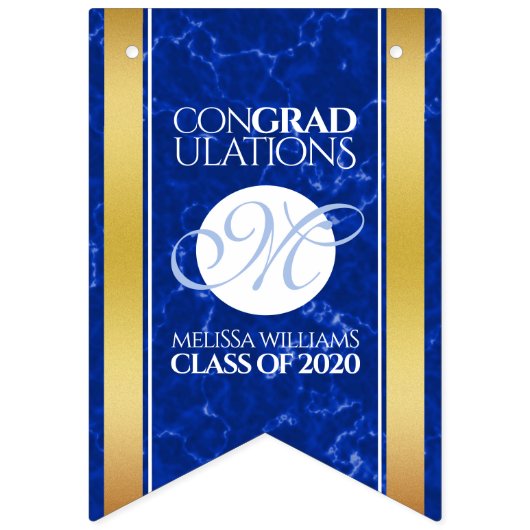 Eleganter Abschluss Monogram Blue Marble Gold Foil Wimpelkette (Erste Fahne)