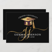 Eleganter Abschluss Name Gold Monogram Black Ankündigung (Vorne/Hinten)