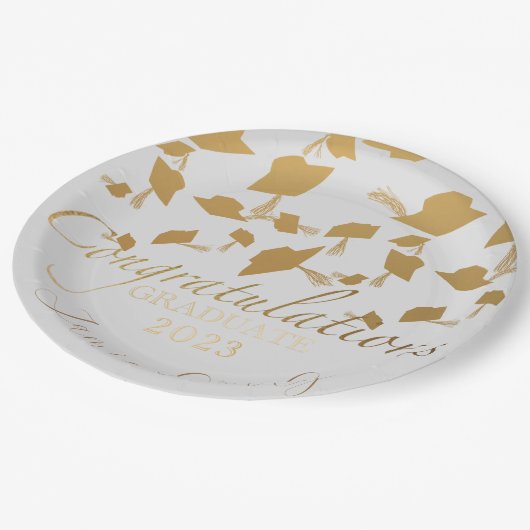 Eleganter Abschluss Ombre Gold Cap Toss Paper Plat Pappteller (Schrägansicht)